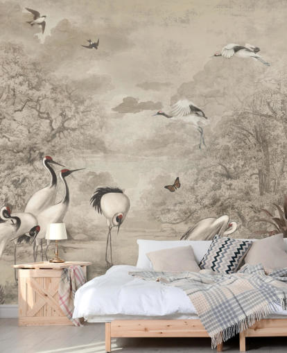 Ilustração de Jungle Cranes em papel de parede sépia