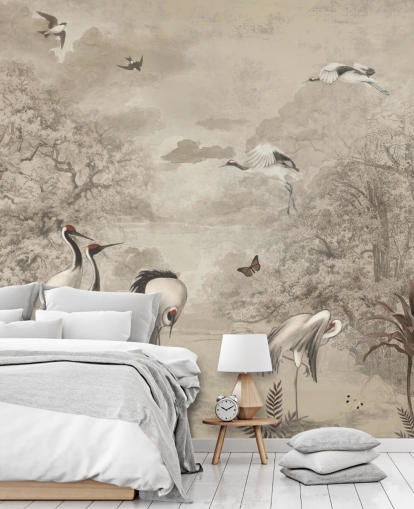 Illustration of Jungle Cranes on sepia wallpaper
