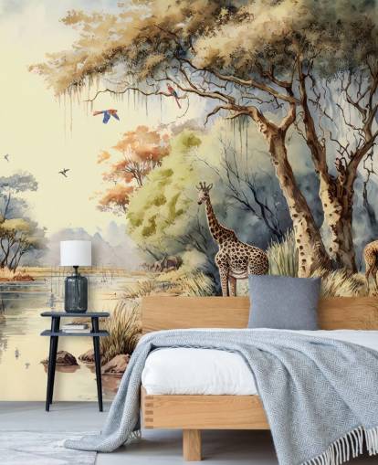 colourful jungle wallpaper with giraffe for child's bedroom