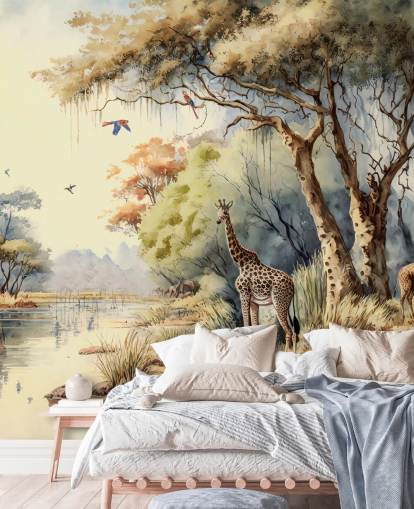 bunte Dschungel-Tapete mit Giraffe für Kinderzimmer