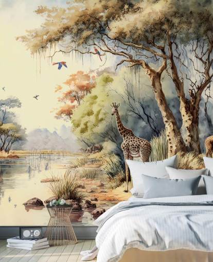 colourful jungle wallpaper with giraffe for child's bedroom