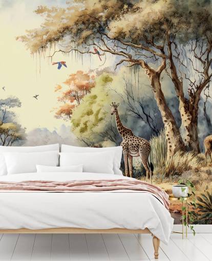 papier peint coloré de la jungle avec girafe pour chambre d'enfant