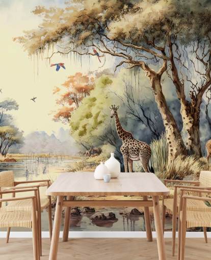 papel de parede colorido da selva com girafa para quarto de criança