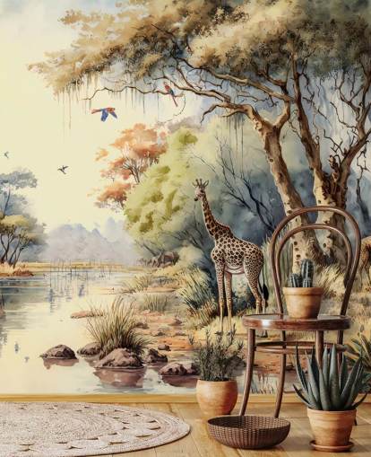 papel de parede colorido da selva com girafa para quarto de criança