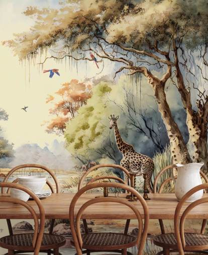 bunte Dschungel-Tapete mit Giraffe für Kinderzimmer