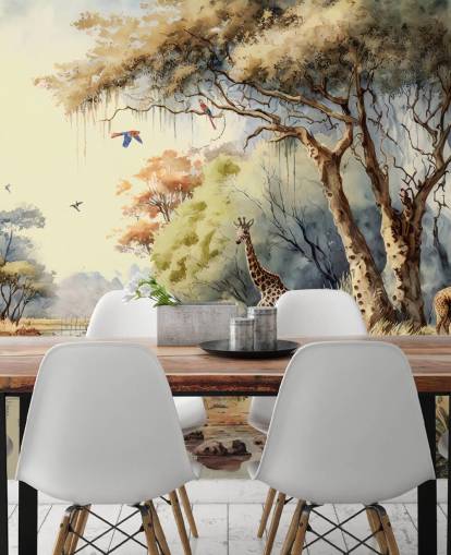 colourful jungle wallpaper with giraffe for child's bedroom