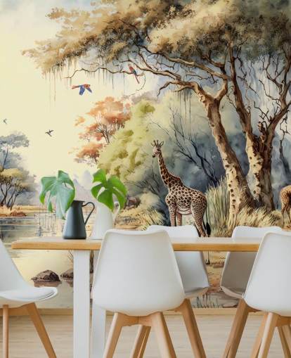 papier peint coloré de la jungle avec girafe pour chambre d'enfant