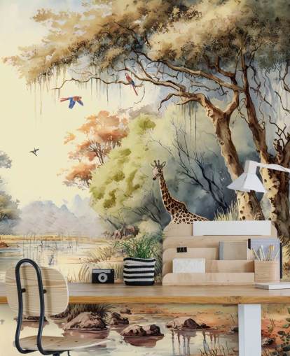 colorful jungle wallpaper with giraffe for child's bedroom