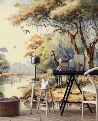 papier peint coloré de la jungle avec girafe pour chambre d'enfant