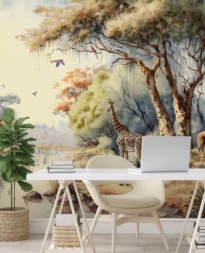 colourful jungle wallpaper with giraffe for child's bedroom
