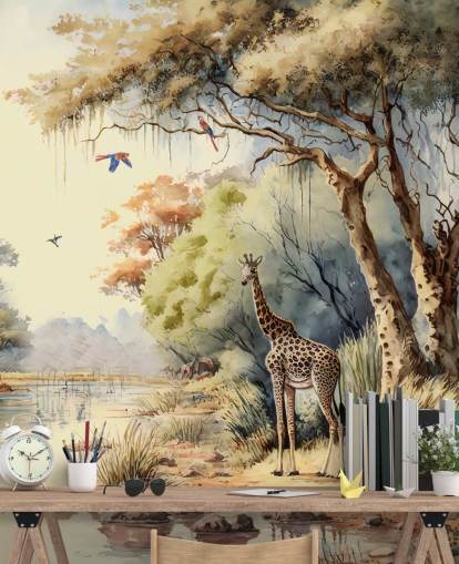 bunte Dschungel-Tapete mit Giraffe für Kinderzimmer