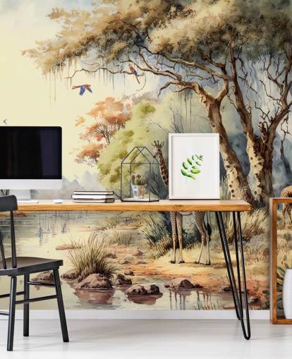 carta da parati colorata della giungla con giraffa per la cameretta del bambino