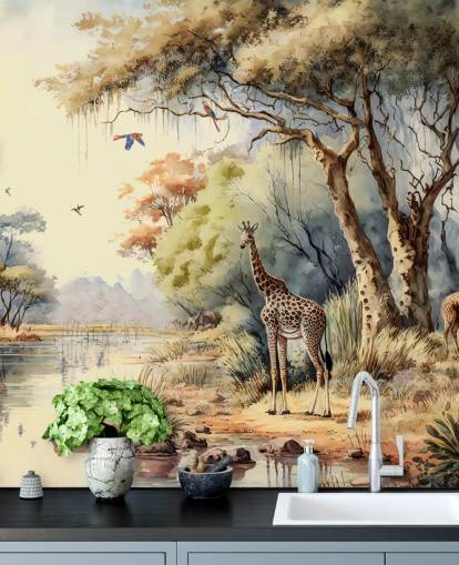 carta da parati colorata della giungla con giraffa per la cameretta del bambino