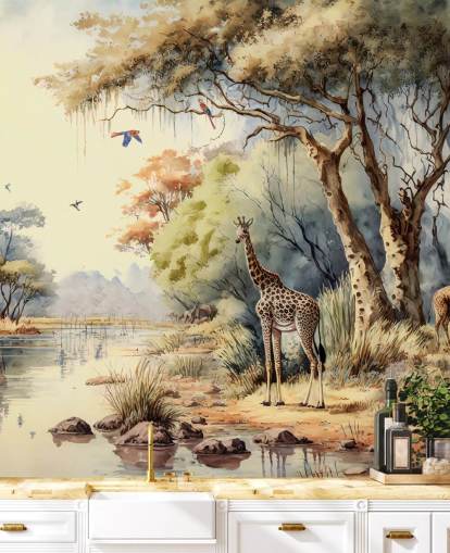 carta da parati colorata della giungla con giraffa per la cameretta del bambino