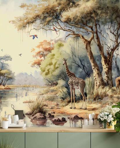 papier peint coloré de la jungle avec girafe pour chambre d'enfant