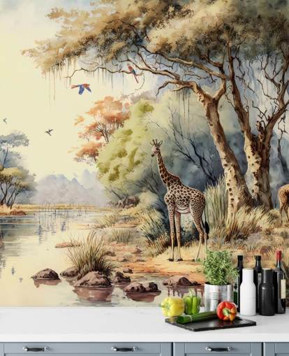 colorful jungle wallpaper with giraffe for child's bedroom