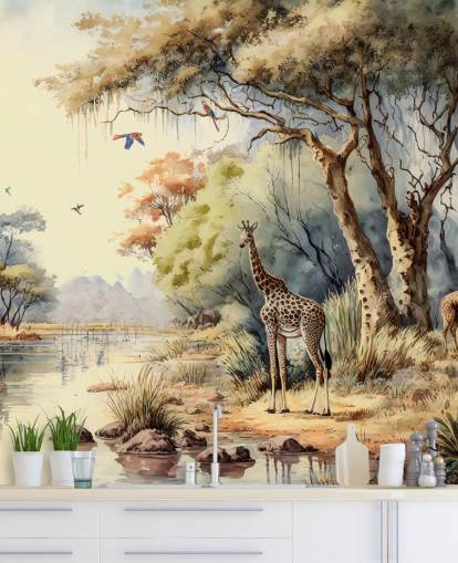 papel de parede colorido da selva com girafa para quarto de criança