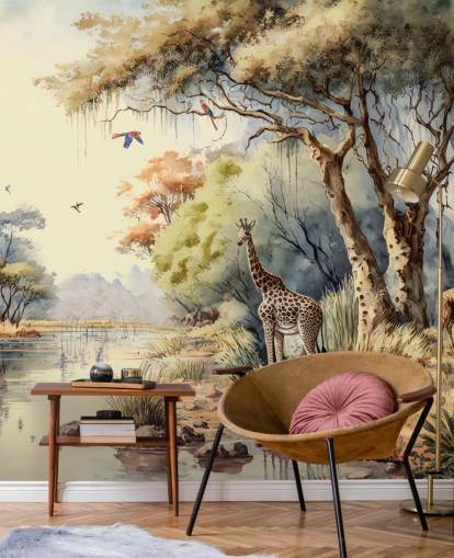 colorful jungle wallpaper with giraffe for child's bedroom colorful jungle wallpaper with giraffe for child's bedroom