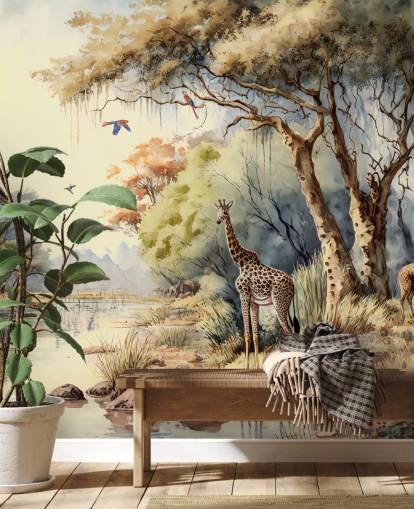 colorido papel pintado de jungla con jirafa para dormitorio infantil