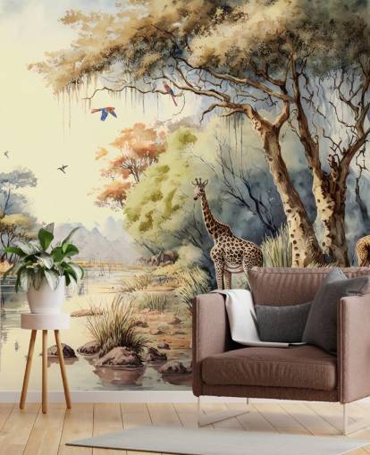 papier peint coloré de la jungle avec girafe pour chambre d'enfant