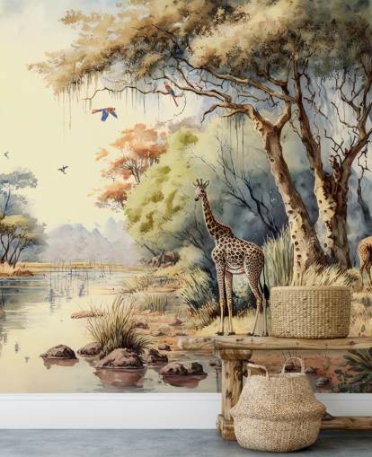 colorful jungle wallpaper with giraffe for child's bedroom