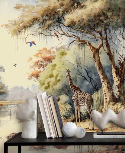 colorido papel pintado de jungla con jirafa para dormitorio infantil