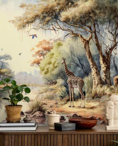 colourful jungle wallpaper with giraffe for child's bedroom colourful jungle wallpaper with giraffe for child's bedroom