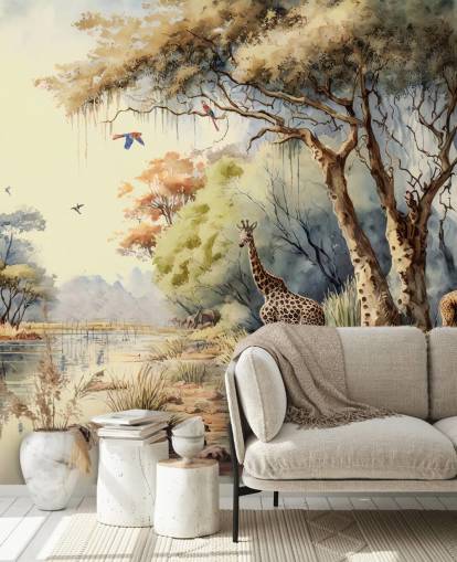 colorido papel pintado de jungla con jirafa para dormitorio infantil