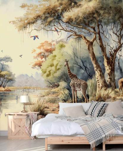 colorful jungle wallpaper with giraffe for child's bedroom