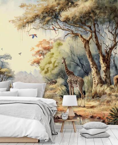 colorido papel pintado de jungla con jirafa para dormitorio infantil