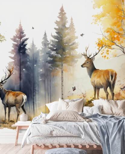 mural de papel pintado de bosque oscuro con ciervos para dormitorio
