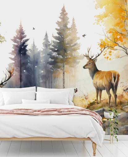 carta da parati murale con cervi della foresta scura per camera da letto