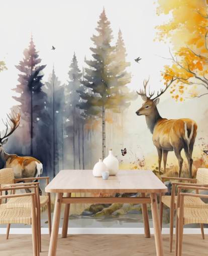 mural de papel de parede de floresta escura com veados para quarto