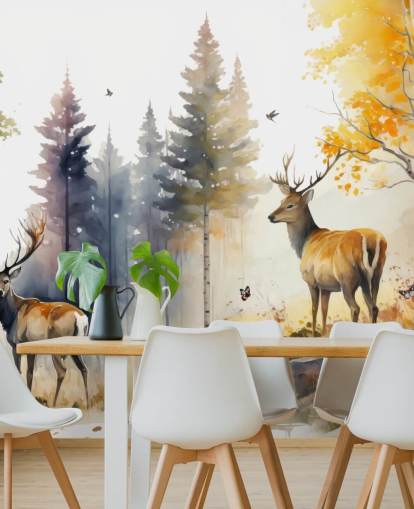 mörk skog tapetväggmålning med hjortar för sovrummet mörk skog tapetväggmålning med hjortar för sovrummet