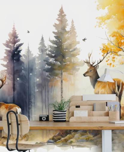 carta da parati murale con cervi della foresta scura per camera da letto