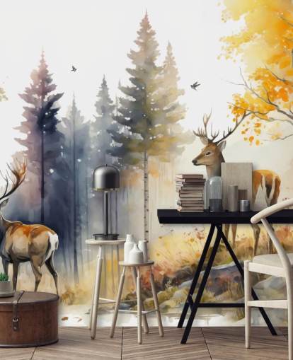 mural de papel pintado de bosque oscuro con ciervos para dormitorio