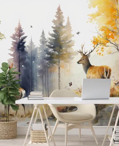dark forest wallpaper mural with stags for bedroom