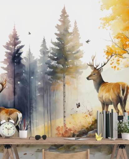 mural de papel pintado de bosque oscuro con ciervos para dormitorio