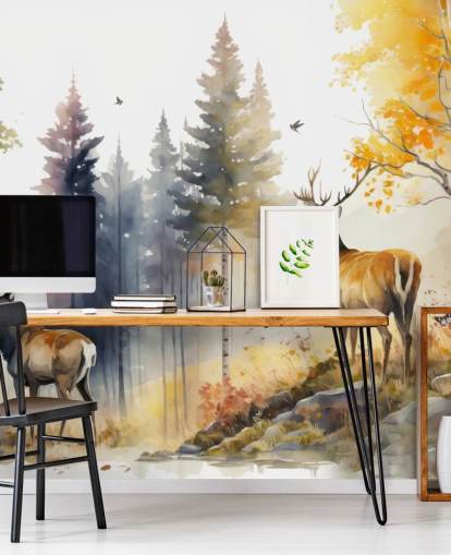 dark forest wallpaper mural with stags for bedroom