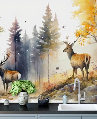 mural de papel de parede de floresta escura com veados para quarto mural de papel de parede de floresta escura com veados para quarto