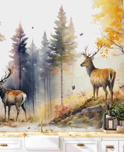 dunkles Wald-Wandbild mit Hirschen für Schlafzimmer