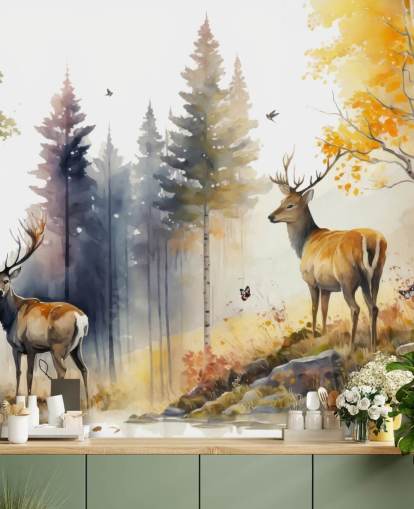 dark forest wallpaper mural with stags for bedroom