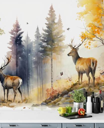 dark forest wallpaper mural with stags for bedroom
