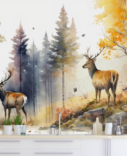 dark forest wallpaper mural with stags for bedroom