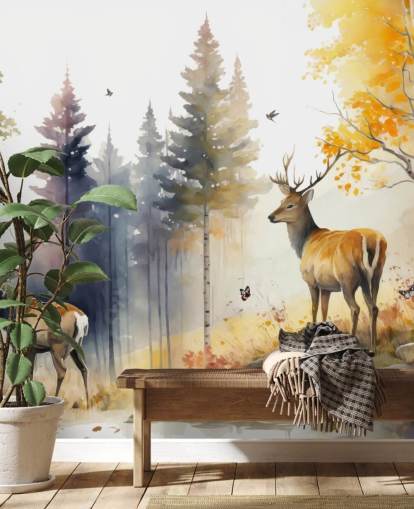 mural de papel pintado de bosque oscuro con ciervos para dormitorio