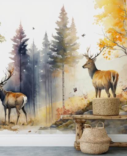 dark forest wallpaper mural with stags for bedroom