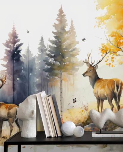 mural de papel de parede de floresta escura com veados para quarto mural de papel de parede de floresta escura com veados para quarto