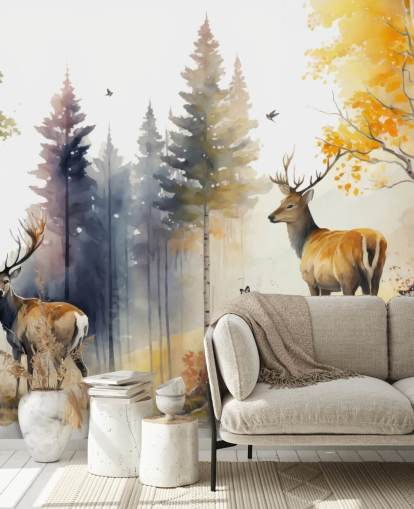 mural de papel de parede de floresta escura com veados para quarto