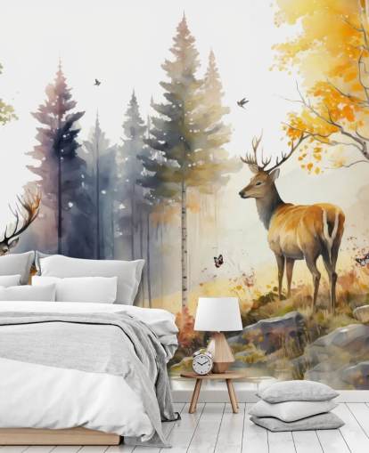 dark forest wallpaper mural with stags for bedroom