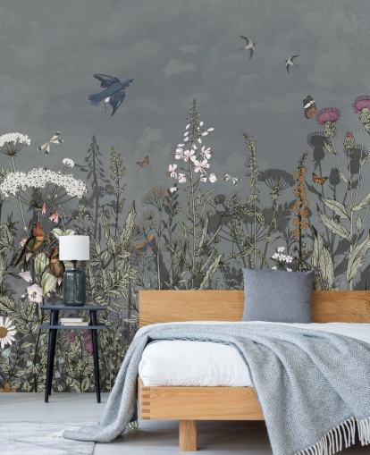 dunkles Blumentapetenwandbild mit Vögel für Schlafzimmer